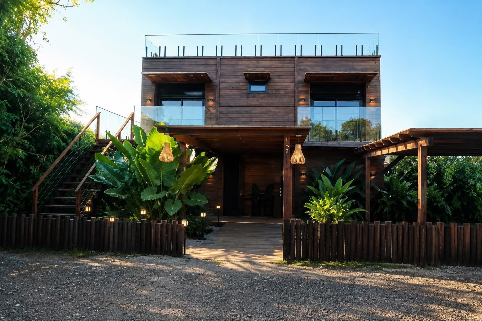 Casa moderna de madeira com grandes janelas, rodeada por plantas tropicais e uma entrada de cascalho.