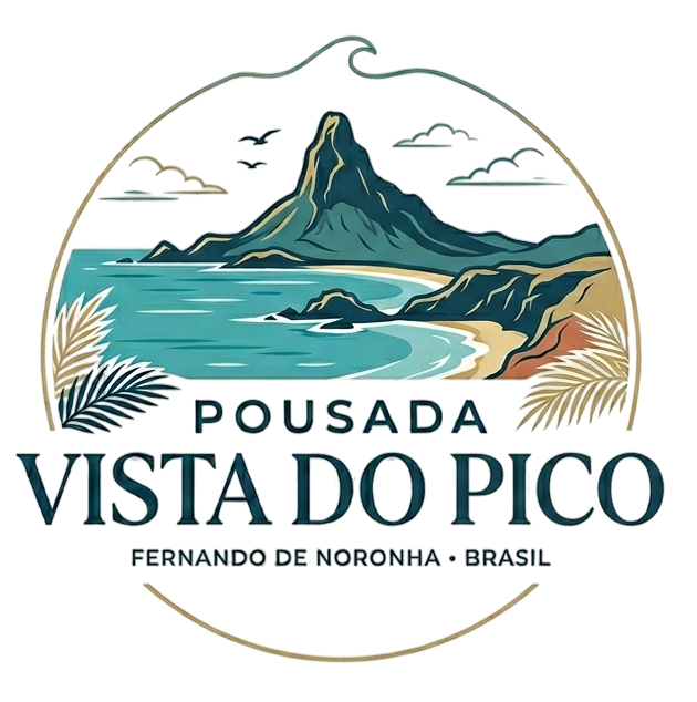 Logo da Pousada Vista do Pico, com ilha e mar, em Fernando de Noronha, Brasil.