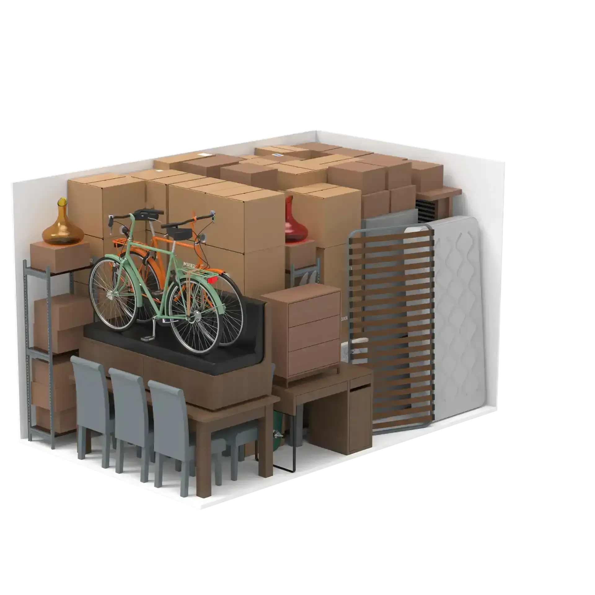 Caminhão de mudança lotado com caixas de papelão empilhadas, móveis, duas bicicletas e cadeiras dobráveis dentro.