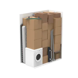 Caixas de papelão empilhadas para mudança, com uma máquina de lavar roupa branca de carregamento frontal e uma tábua de passar roupa dobrada, armazenadas em um depósito.