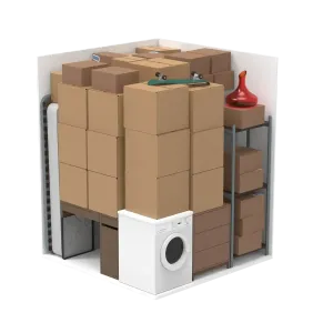 Caixas de papelão empilhadas ao redor de uma máquina de lavar branca em um depósito.