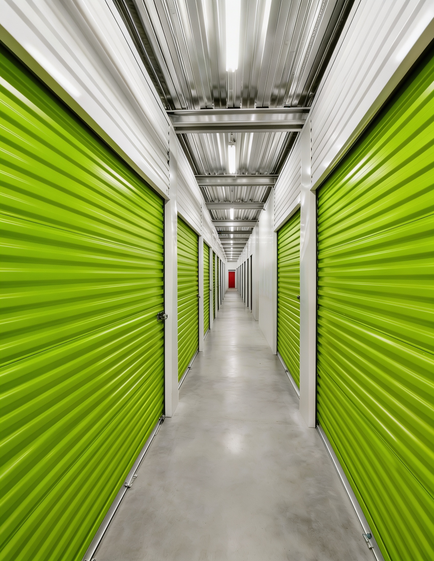 Corredor de armazenamento com portas de enrolar verde-claras e piso de concreto.