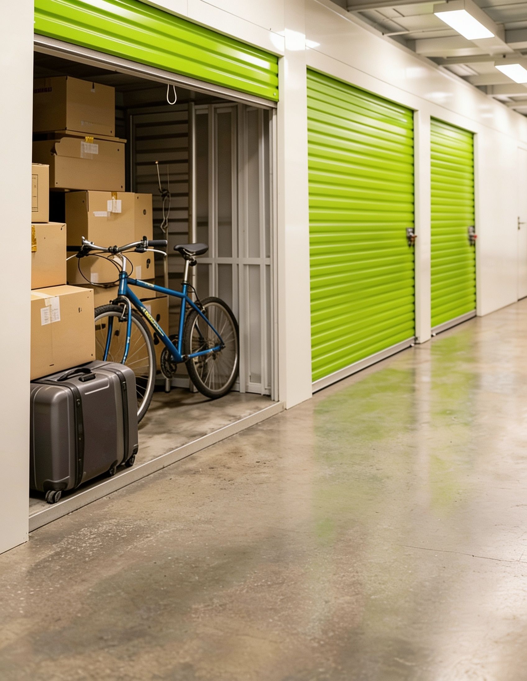Bicicleta e bagagem armazenadas em um depósito com portas de enrolar verde-claras em um corredor interno.