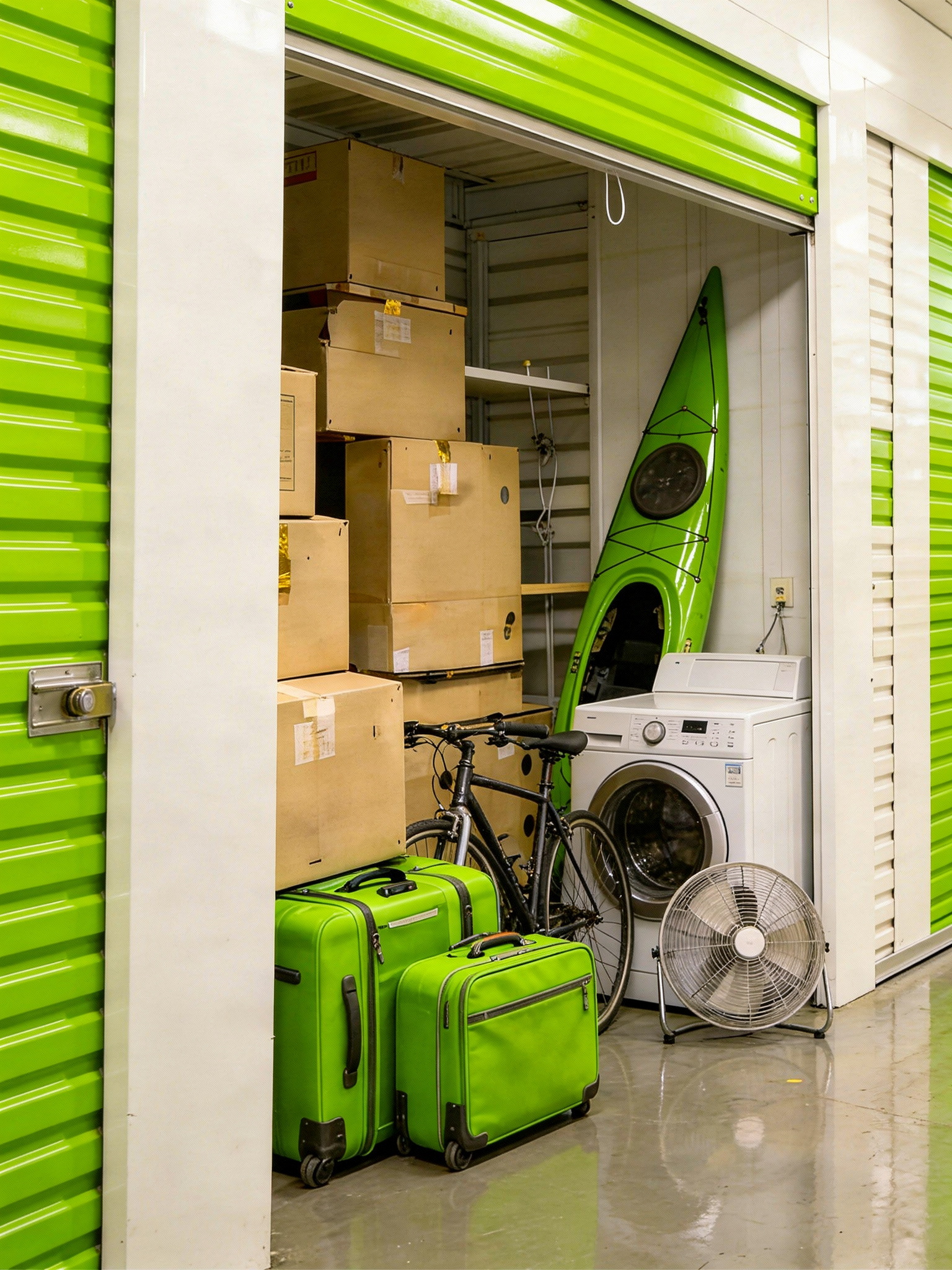 Depósito com caixas de papelão empilhadas, malas verde-limão, uma bicicleta, um caiaque e um ventilador dentro da unidade.