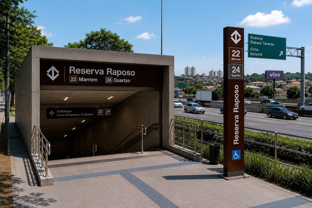 Entrada da estação de metrô Reserva Raposo com escadas, sinalização marrom e via de acesso com carros e ruas próximas.
