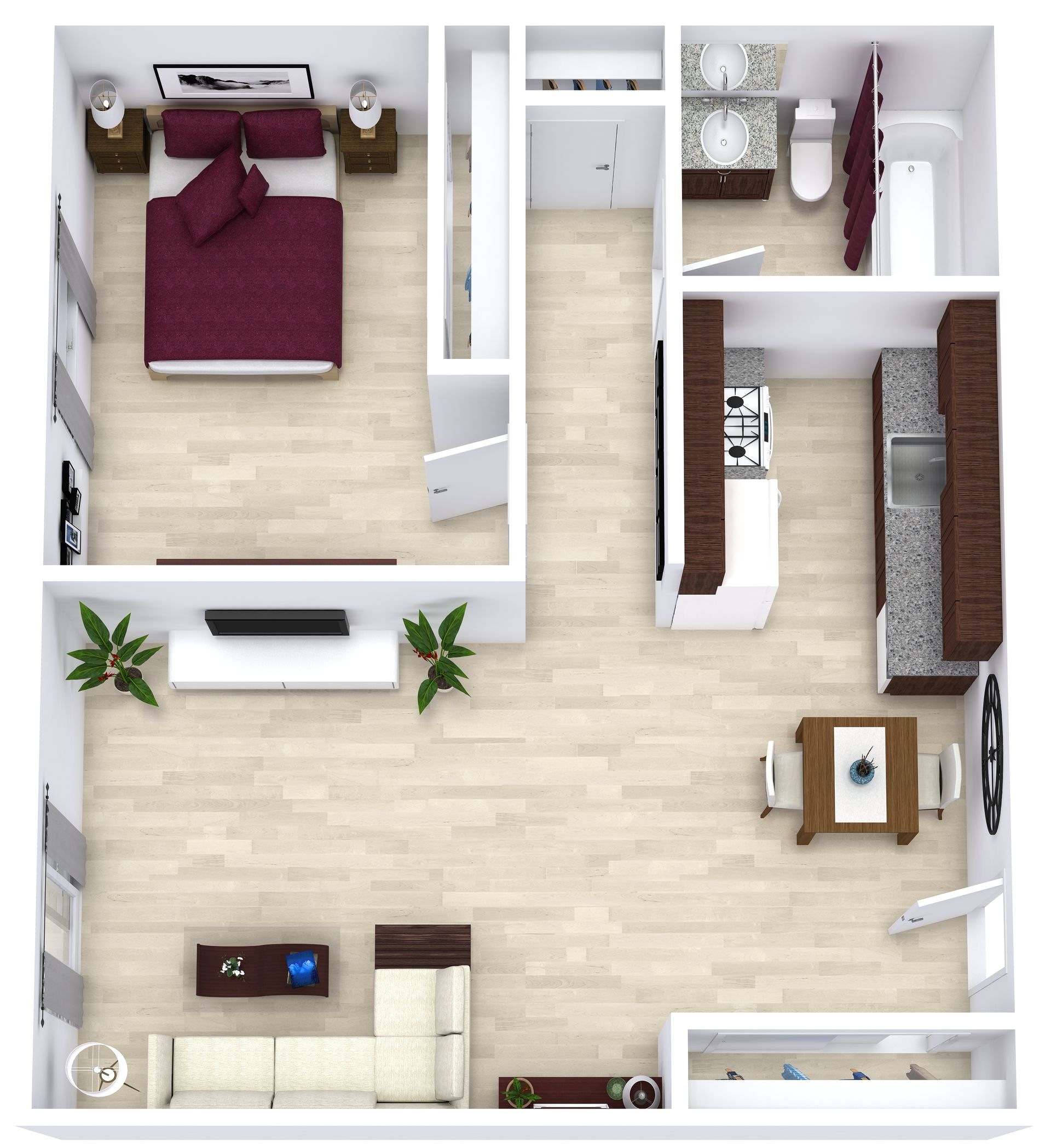 Top-down floor plan of a small apartment with bedroom, bathroom, kitchen, and living area.