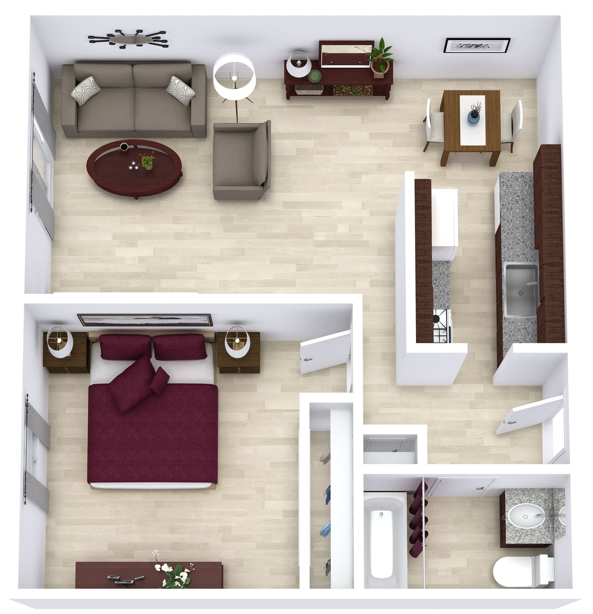 Top-down floor plan of a 2-bedroom apartment with living room, kitchen, and bathroom, in neutral tones.