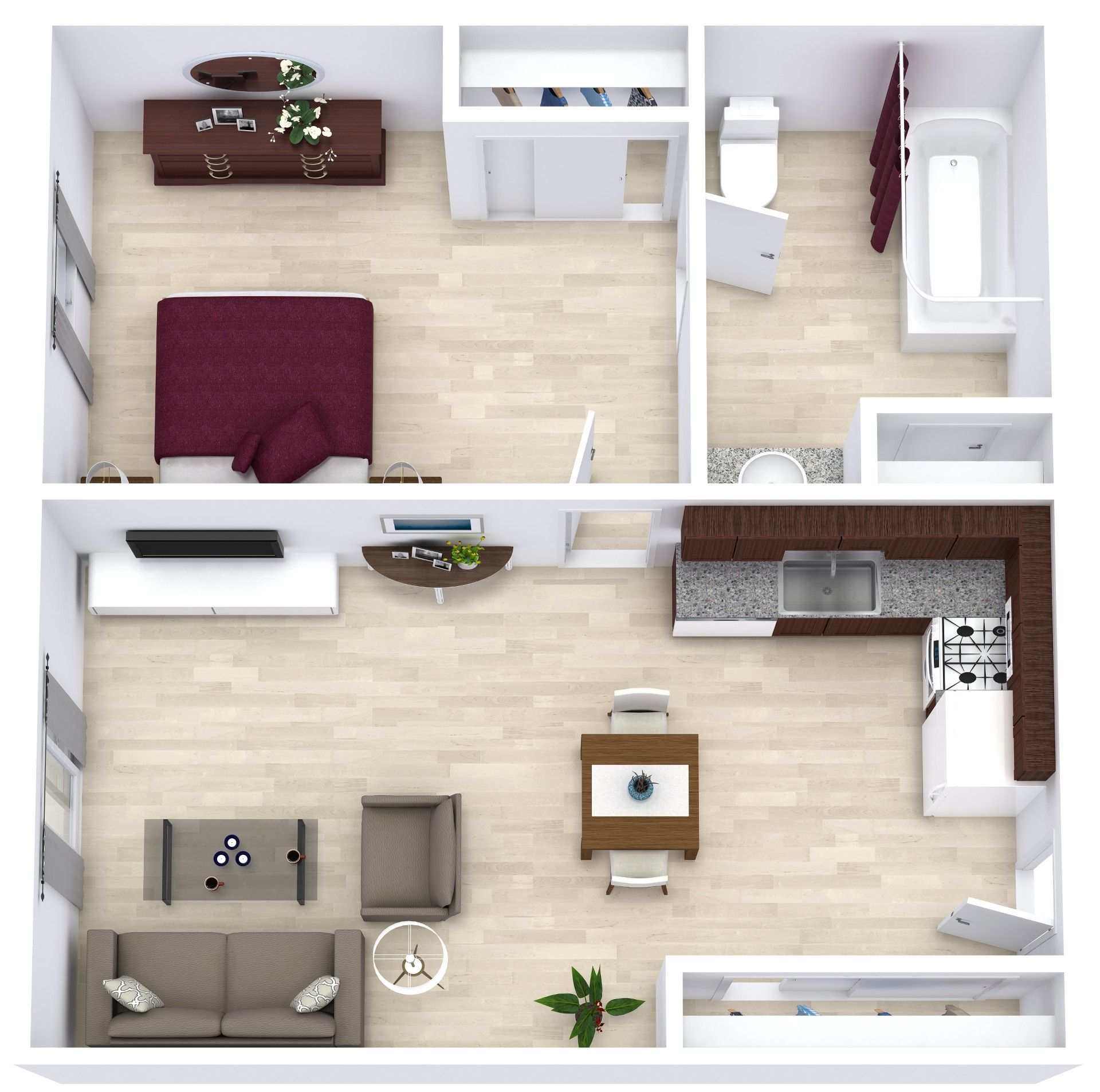 Top-down floor plan of a small apartment with bedroom, bathroom, kitchen, and living area.