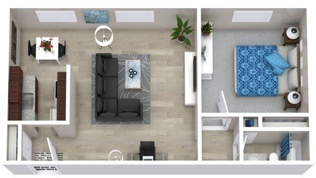 Top-down floor plan of a modern apartment with living room, kitchen, bathroom, and bedroom in gray and blue tones