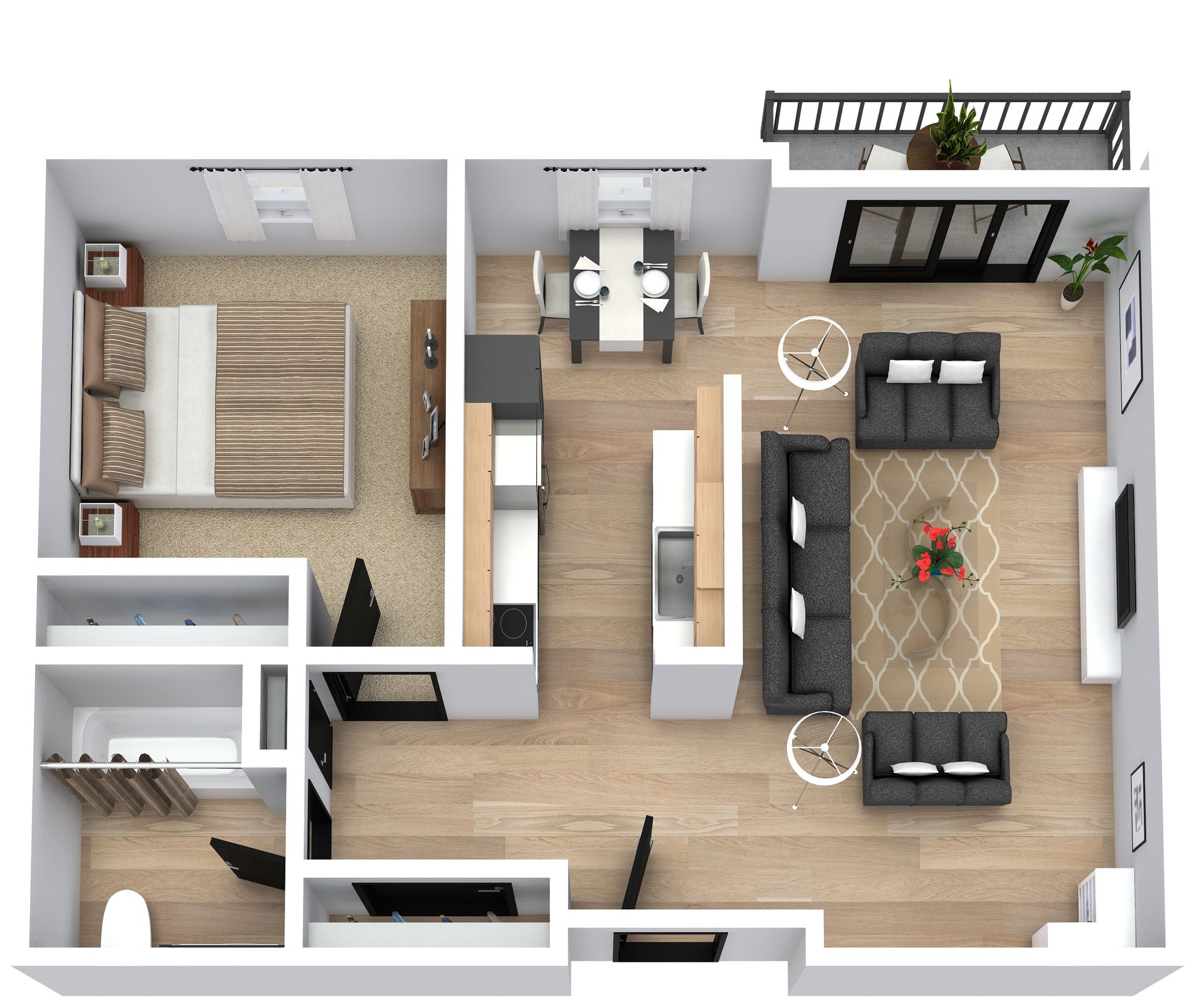Top-down apartment floor plan with bedroom, kitchen, living room, bathroom, and balcony on the right.