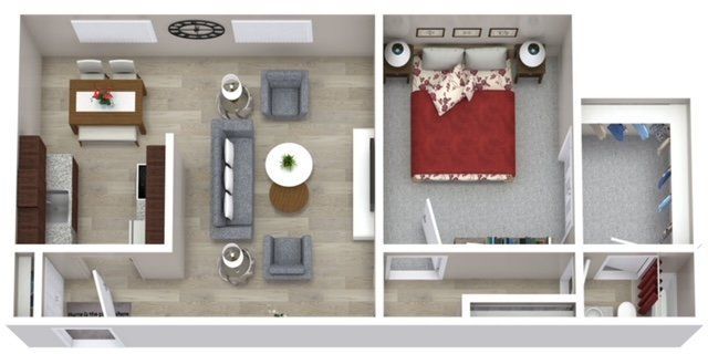 Top-down apartment floor plan with living room, bedroom, bathroom, and closets in neutral tones