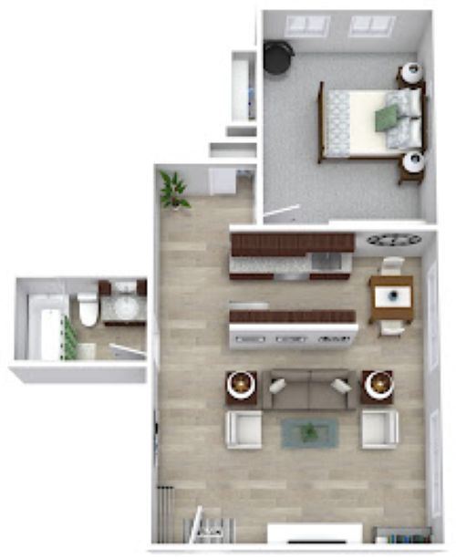 Top-down floor plan of a small apartment with living room, bedroom, bathroom, and balcony.