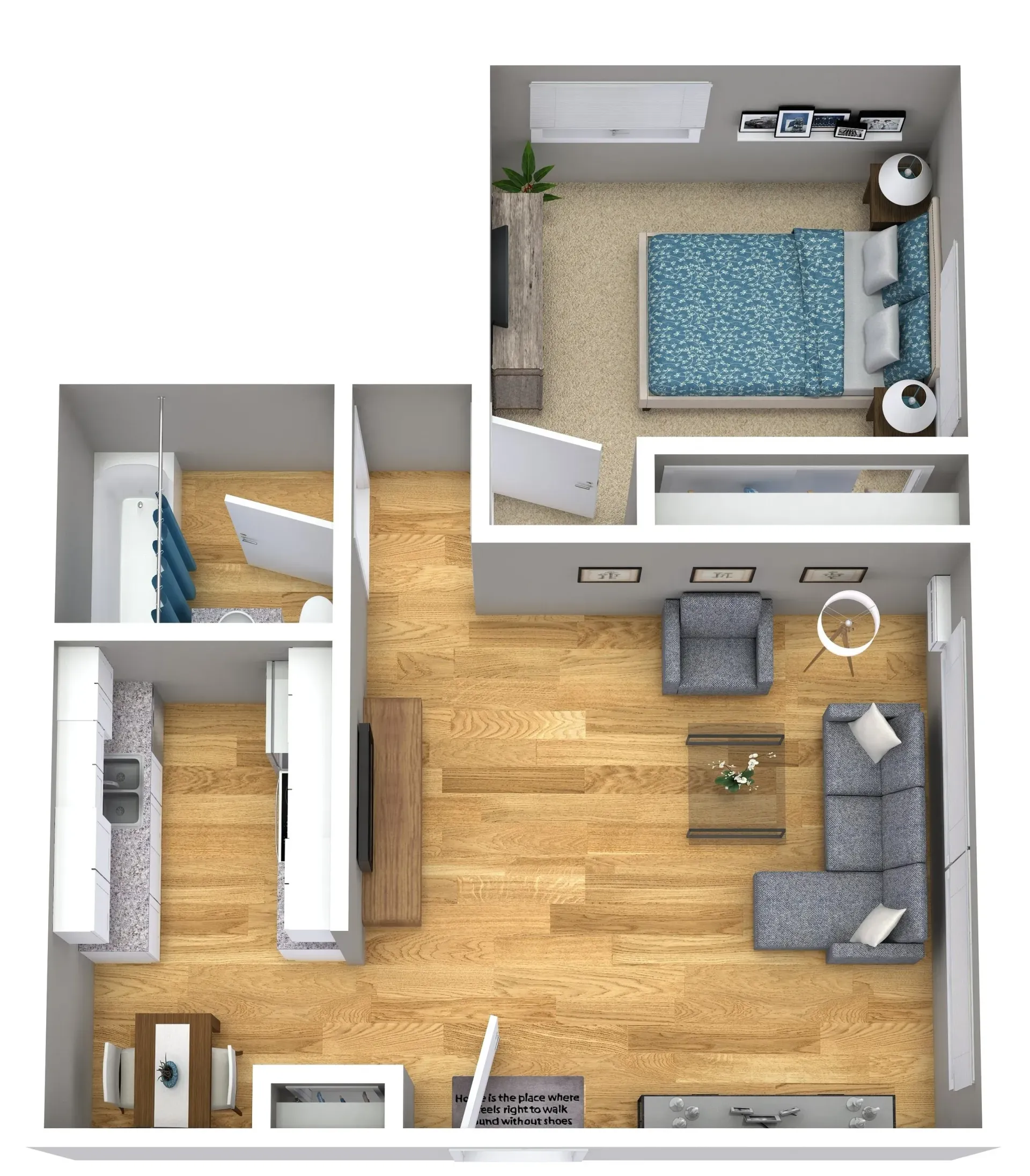 Top-down 3D floor plan of a small apartment with bedroom, living area, bathroom, and wood flooring.
