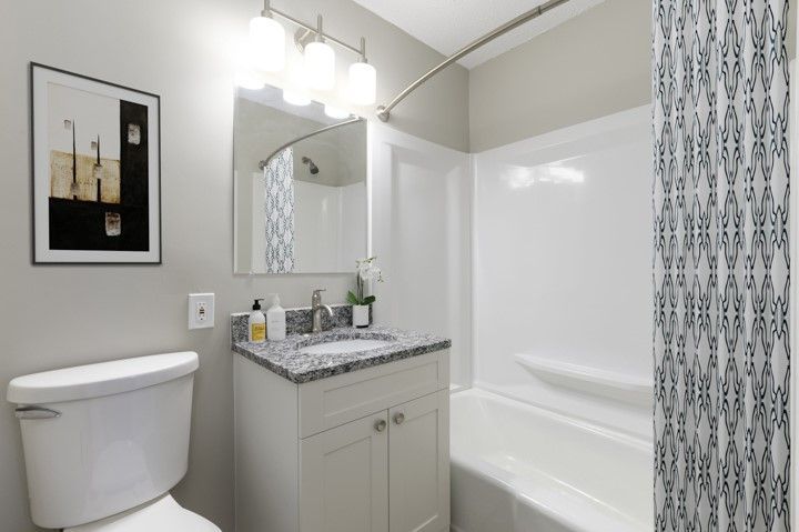 Small white bathroom with vanity, mirror, toilet, and a tub with patterned shower curtain.