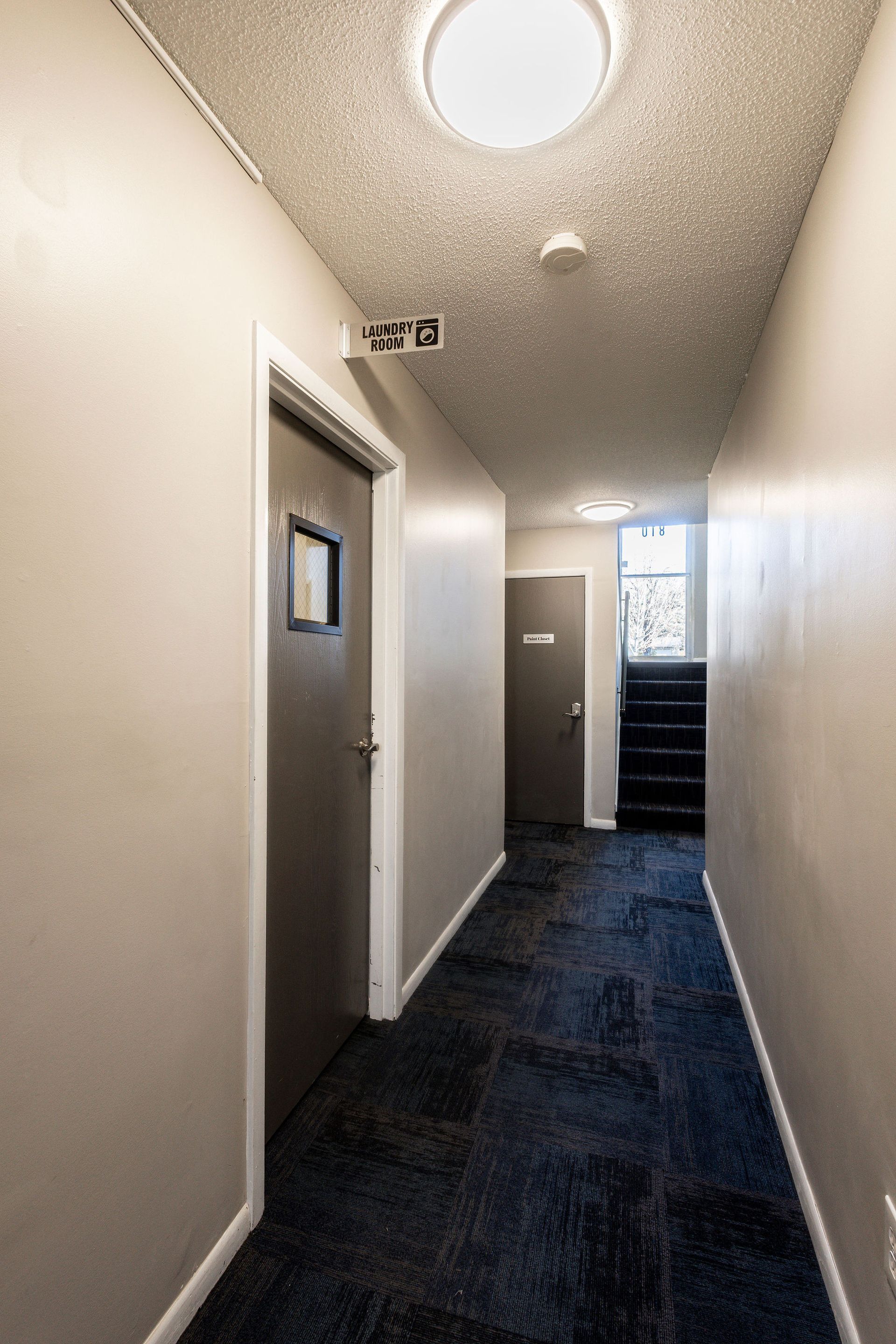 Narrow apartment hallway with beige walls, blue carpet, and doors leading to a staircase at the end.