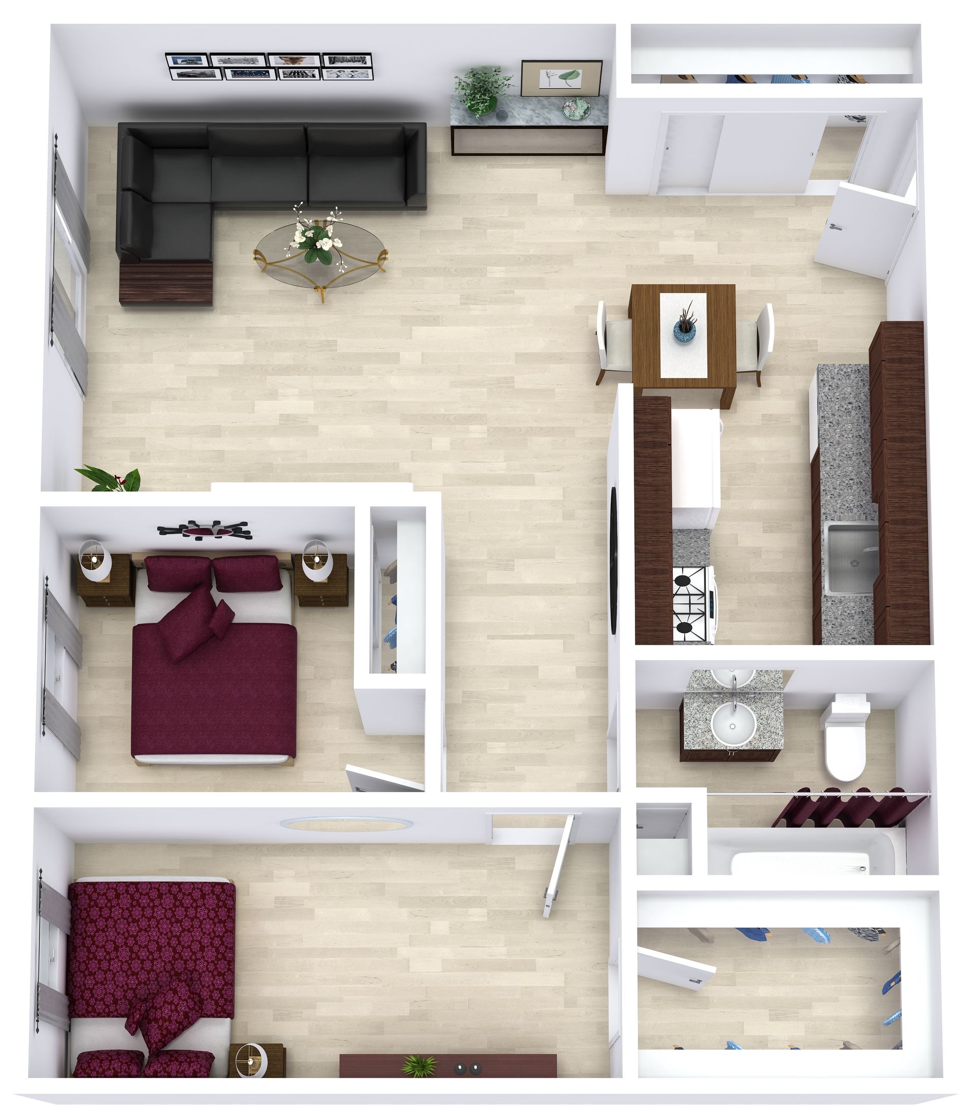 Top-down view of a modern apartment floor plan with living room, bedrooms, kitchen, and bathroom.