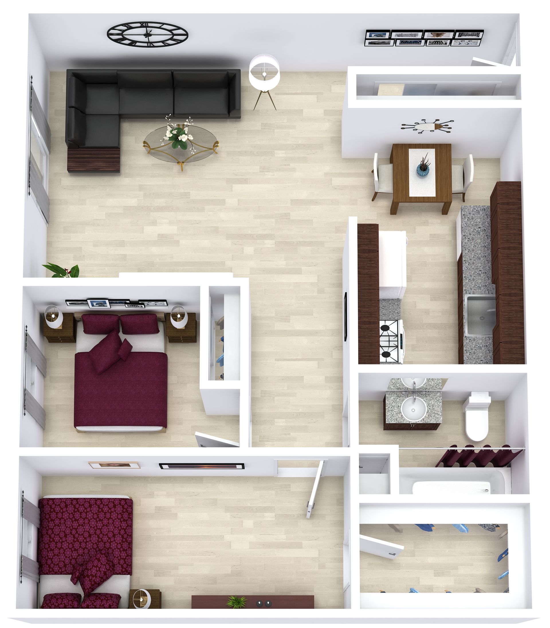 Top-down floor plan of a compact apartment with living room, bedroom, bath, kitchen, and balcony.