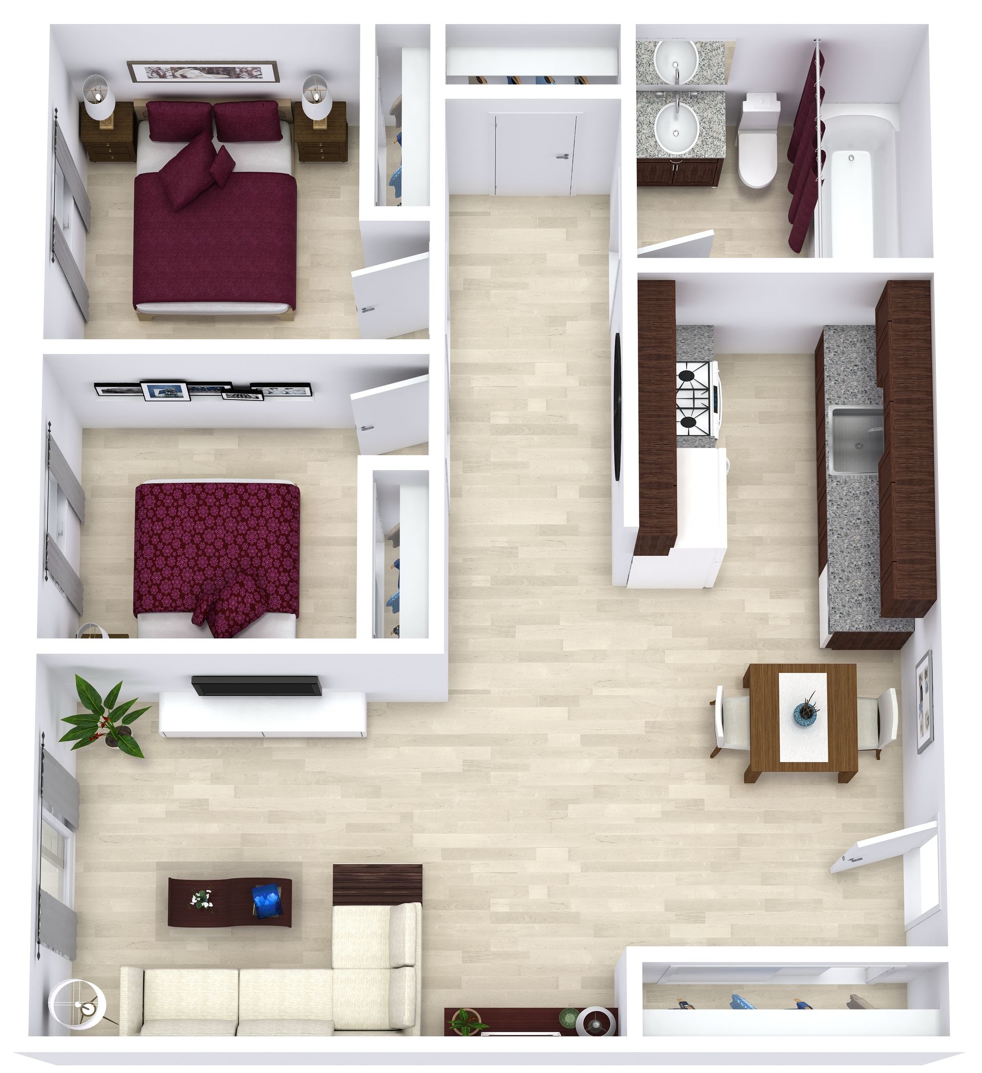 Top-down floor plan of a small apartment with bedroom, bathroom, kitchen, living area, and dining space.