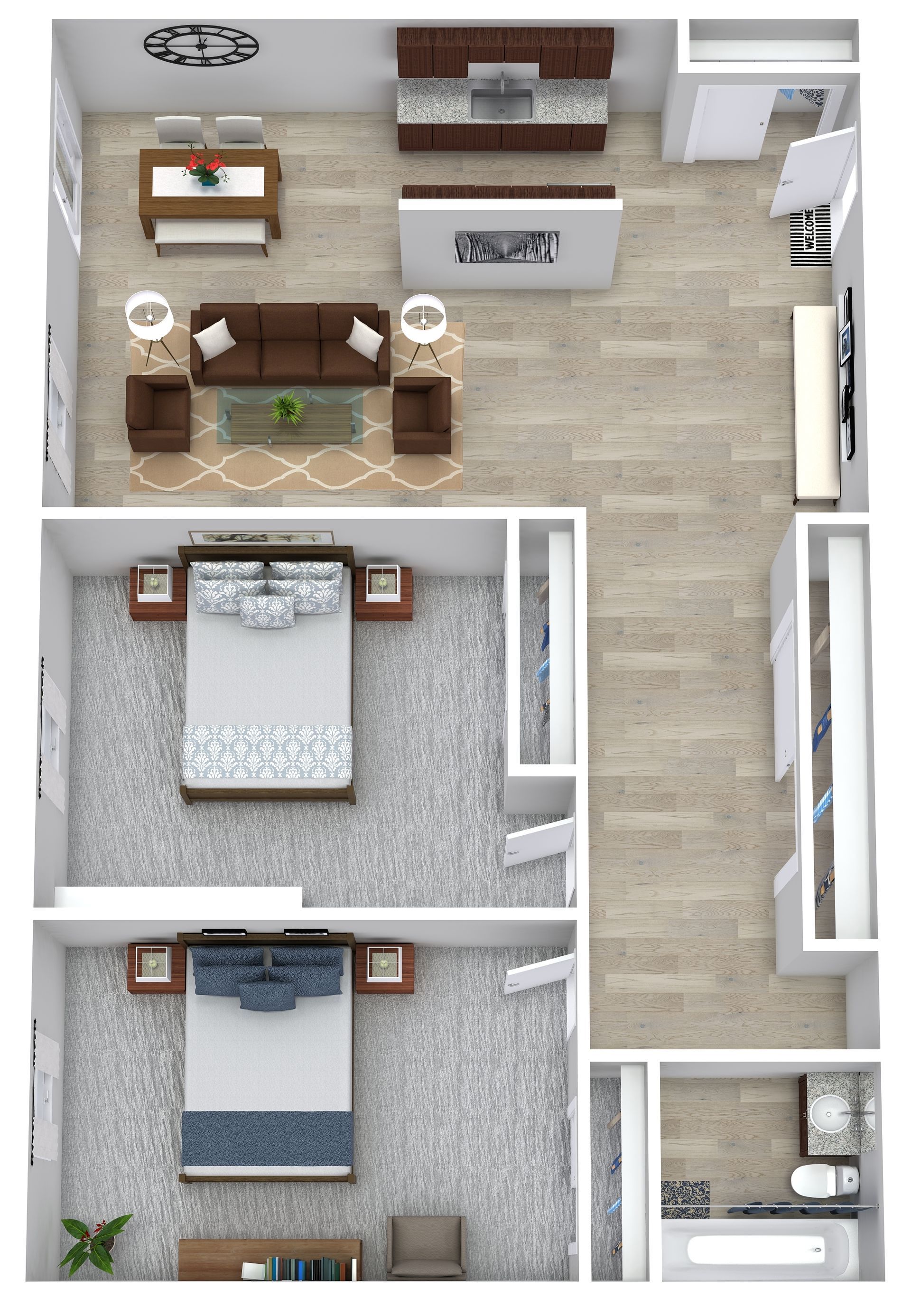 Top-down floor plan of a small apartment with living room, kitchen, two bedrooms, and a bathroom.