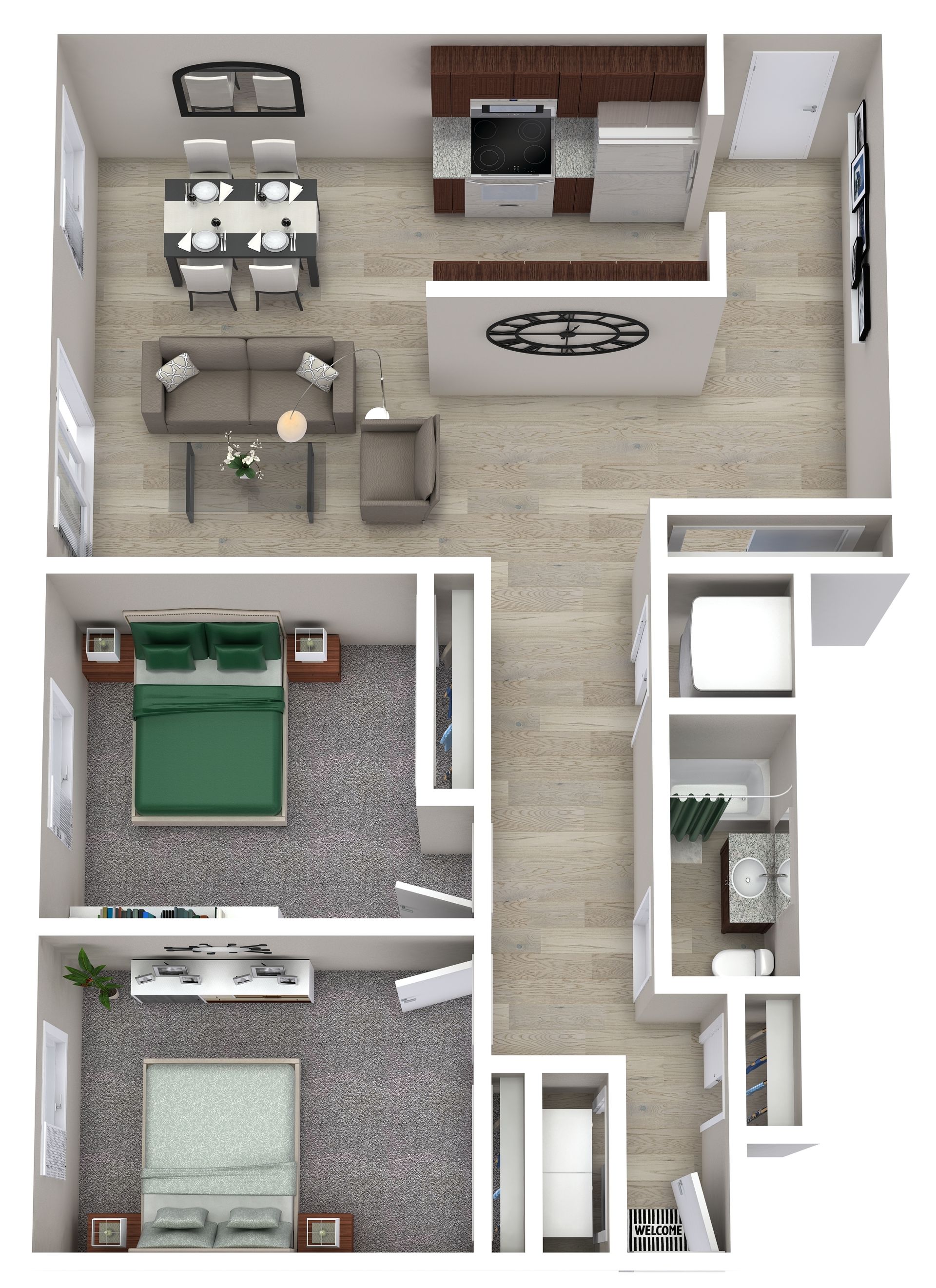 Top-down floor plan of a furnished apartment with living room, kitchen, bedroom, bathroom, and hallways.