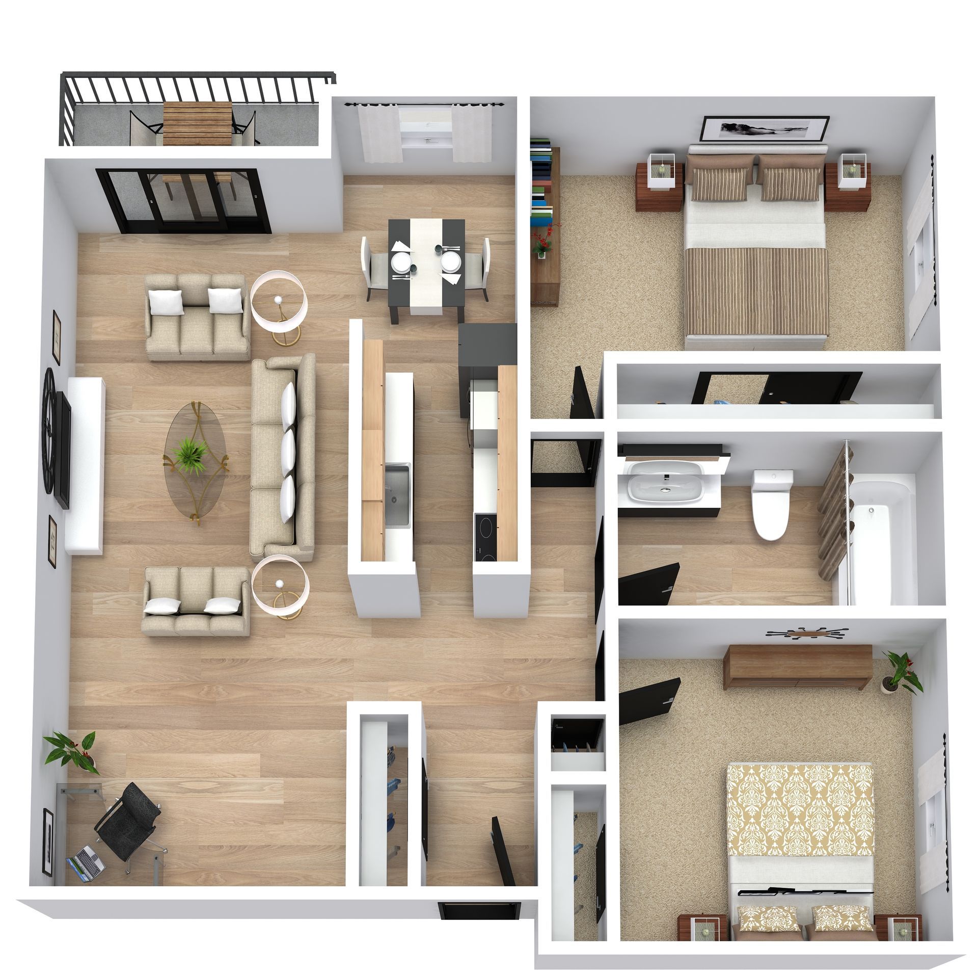 Top-down 3D floor plan of a modern apartment with living room, kitchen, bathroom, and bedroom.
