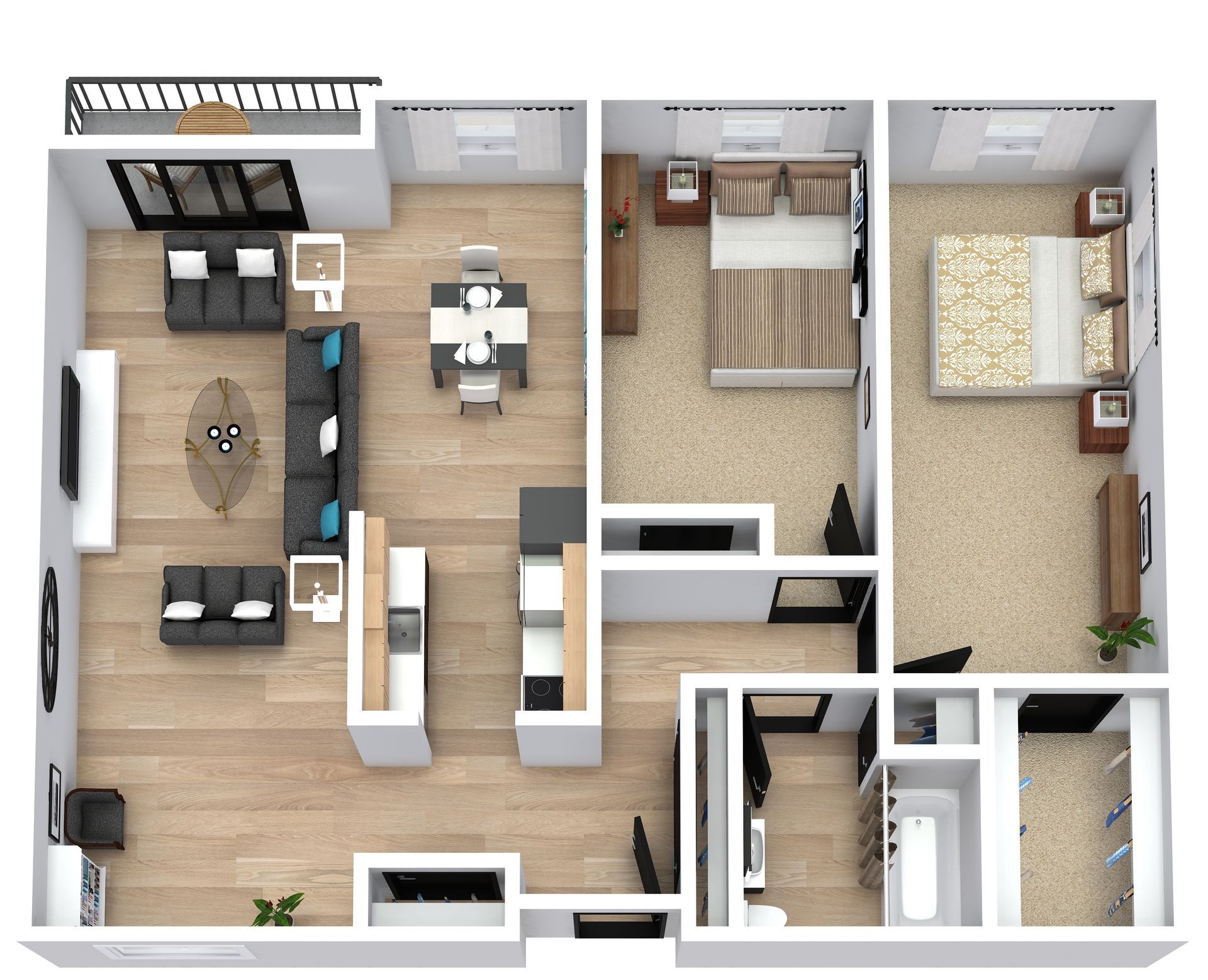 Top-down view of a modern apartment floor plan with living room, kitchen, bedrooms, and bath.