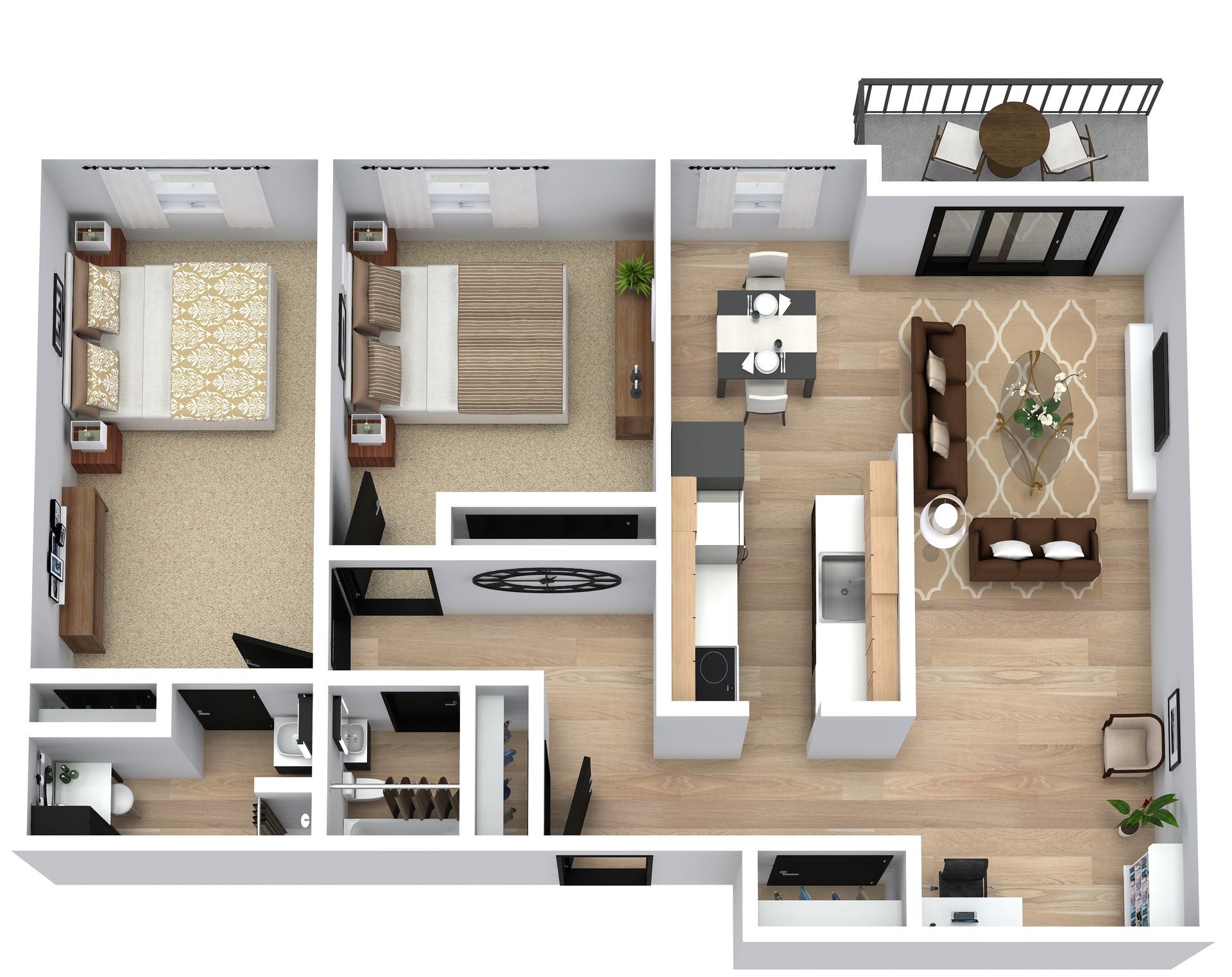 3D floor plan of a modern apartment with bedrooms, kitchen, living room, dining area, and balcony