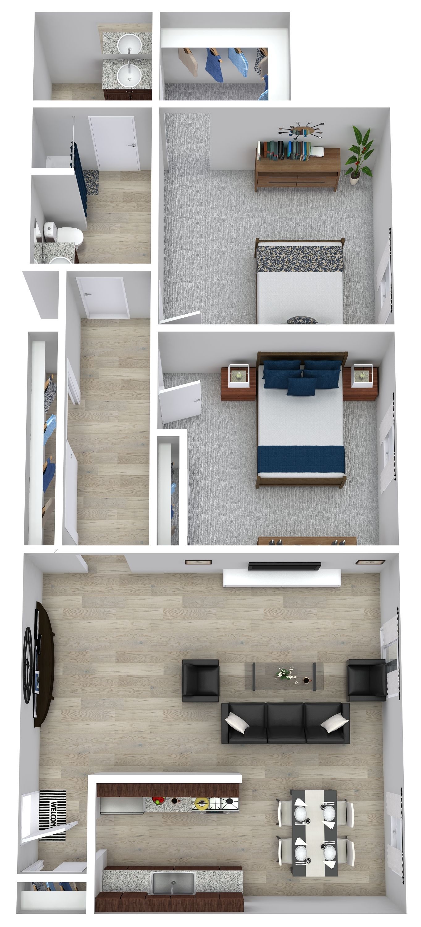 Top-down apartment floor plan with bedroom, bath, hallway, and open living-dining area in neutral tones