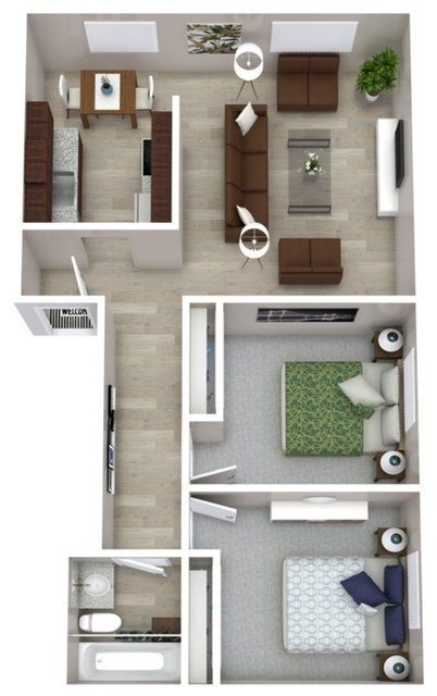 Top-down apartment floor plan with living room, kitchen, bathroom, and two bedrooms.