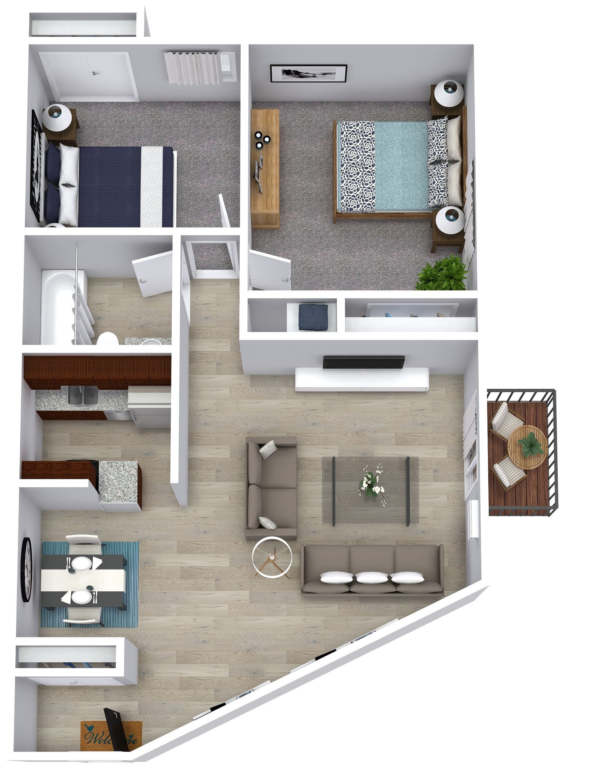 Top-down view of a modern apartment floor plan with bedroom, bathroom, kitchen, and living room with balcony.