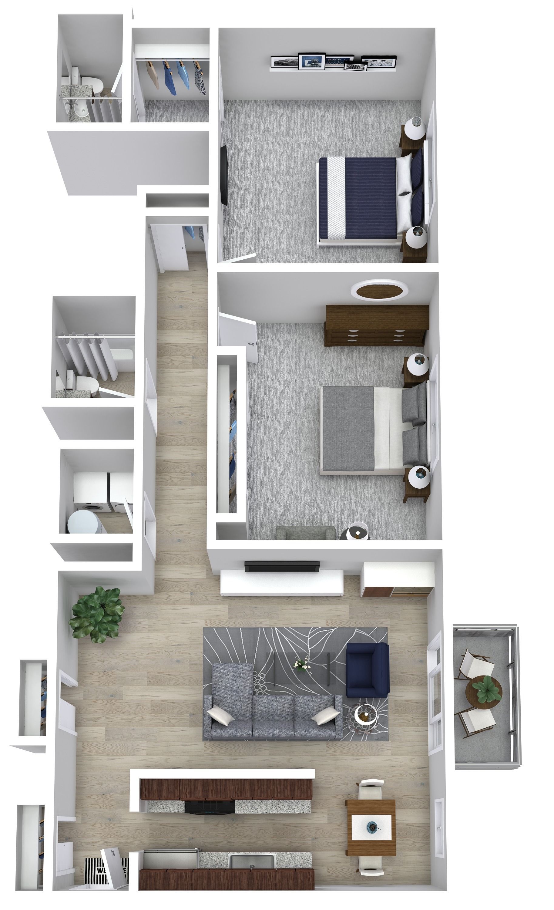 Top-down floor plan of a small apartment with a living area, kitchen, bathroom, and two bedrooms.