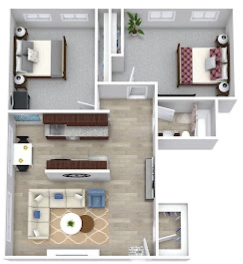 Top-down floor plan of a small apartment with bedroom, living room, kitchen, and bathroom.