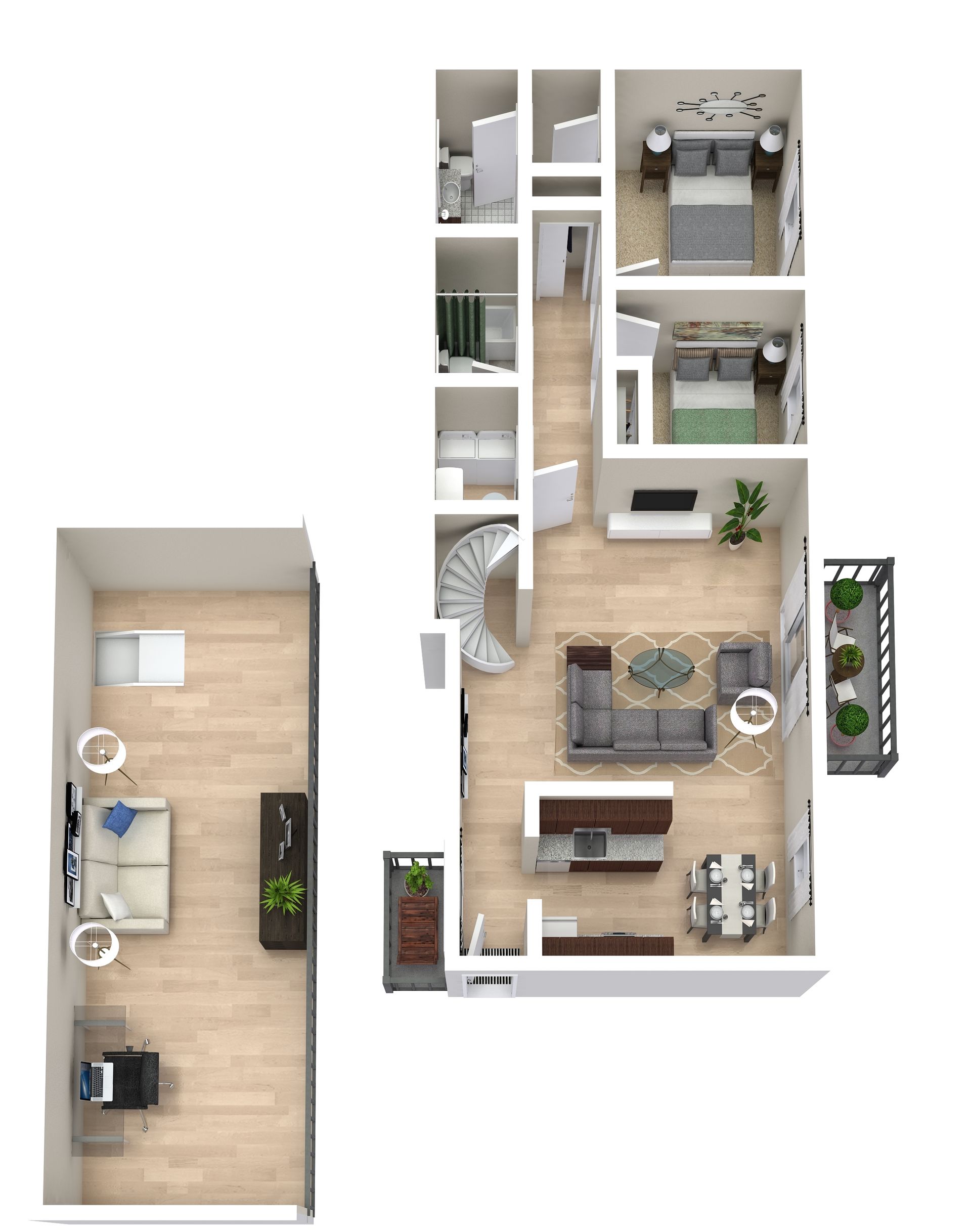 Top-down floor plan of a small apartment with living room, kitchen, bath, bedroom, and a balcony.