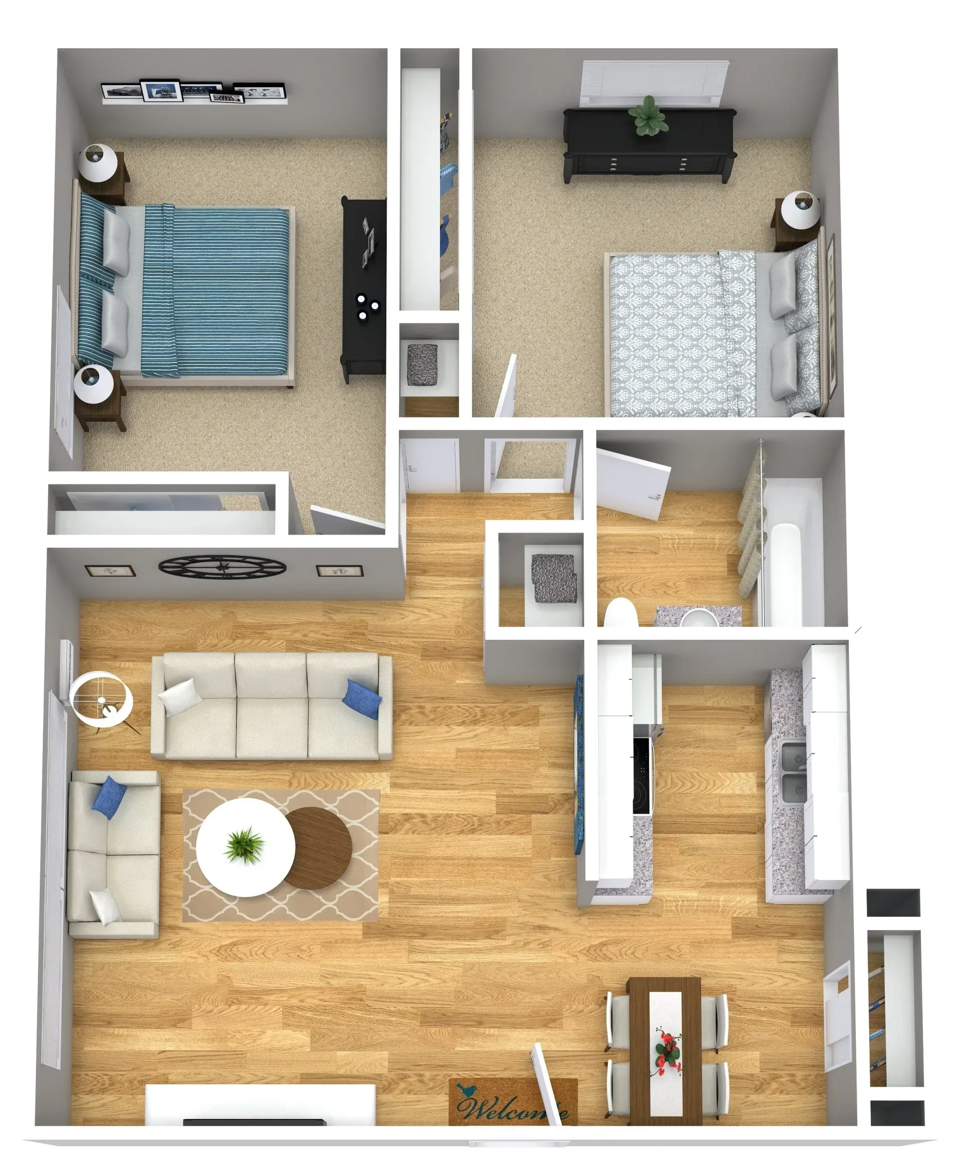 Top-down floor plan of a small apartment with bedroom, living room, kitchen, bath, and hallways in neutral tones