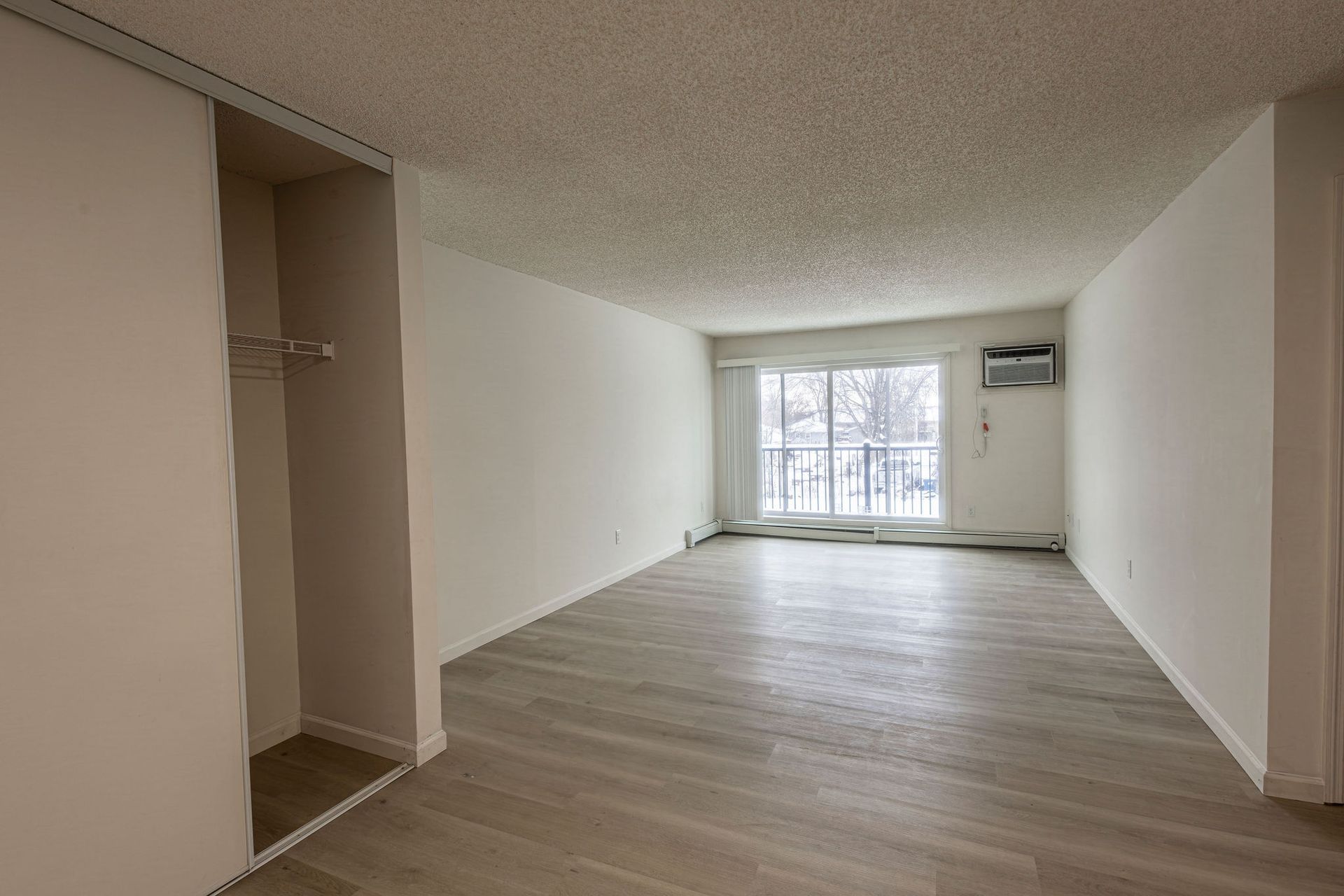 Empty apartment living room with light wood floors, white walls, and a large window at the far end.