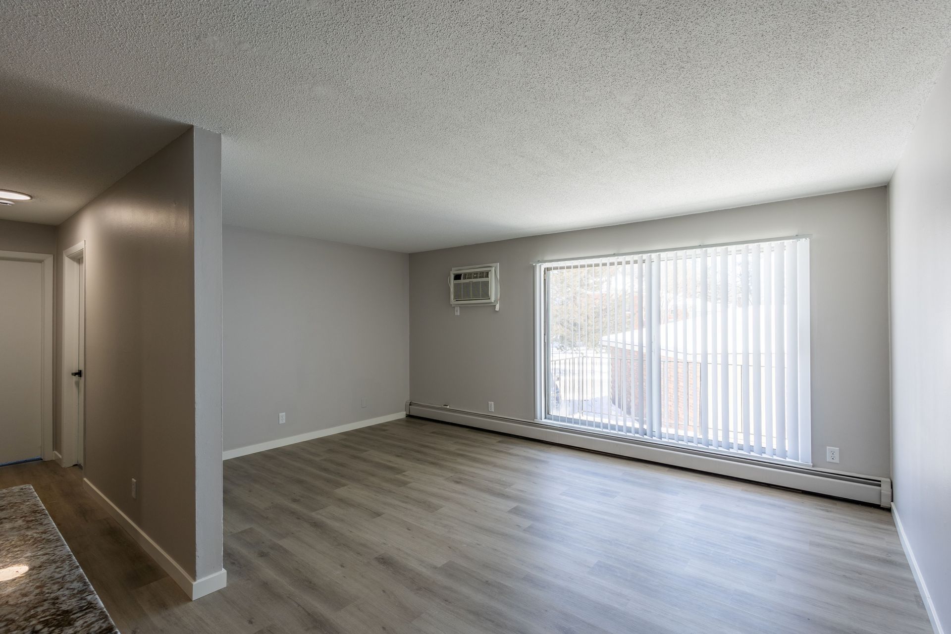 Empty gray living room with wood floors, sliding glass door, and wall-mounted air conditioner.