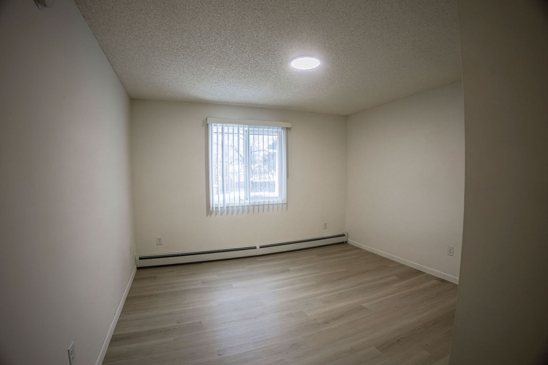 Empty beige room with wood flooring, small window, and ceiling light.