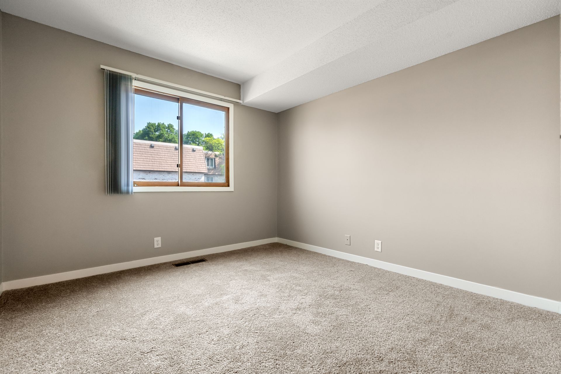 Empty beige bedroom with carpet, gray walls, and a window letting in daylight.