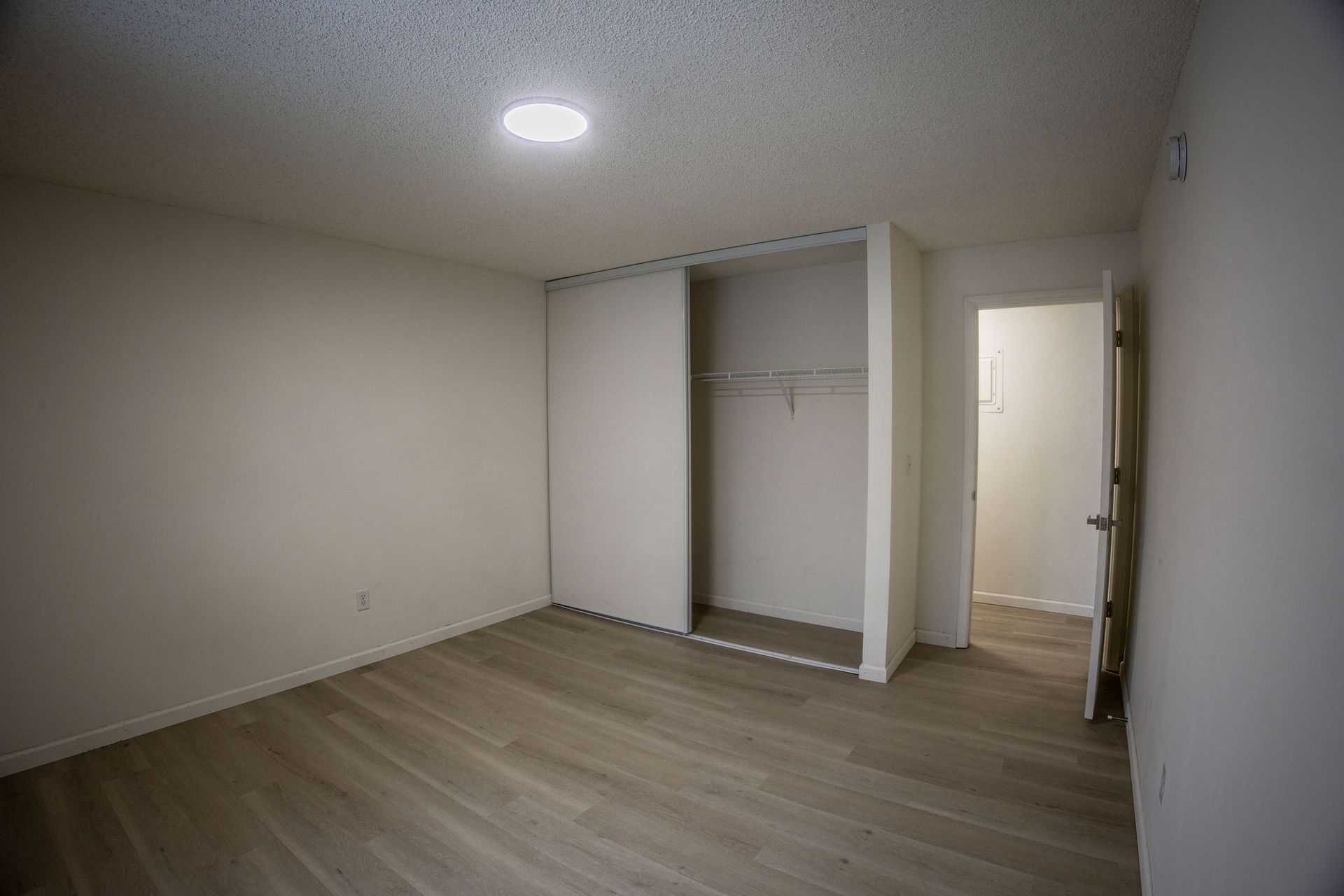 Empty bedroom with beige walls, wood flooring, a closet, and an open door to a lit hallway.