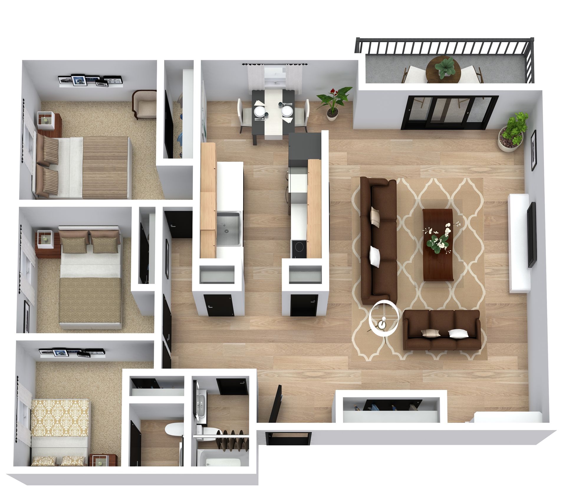 Top-down apartment floor plan with bedroom, bathroom, kitchen, and living-dining area with balcony.