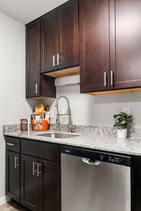 Modern kitchen with dark wood cabinets, granite countertop, stainless sink, and dishwasher
