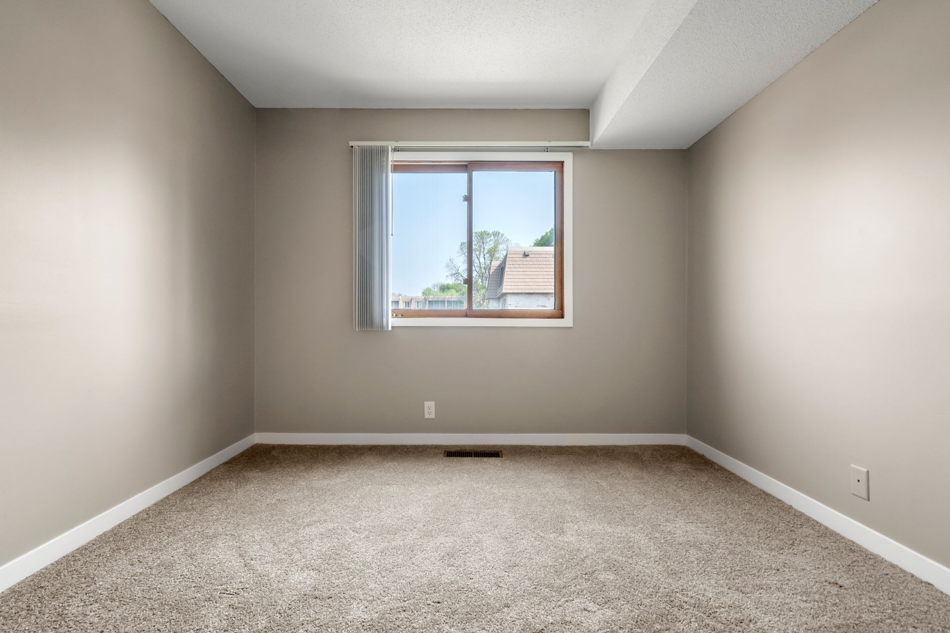 Empty beige carpeted bedroom with a single window and gray walls.