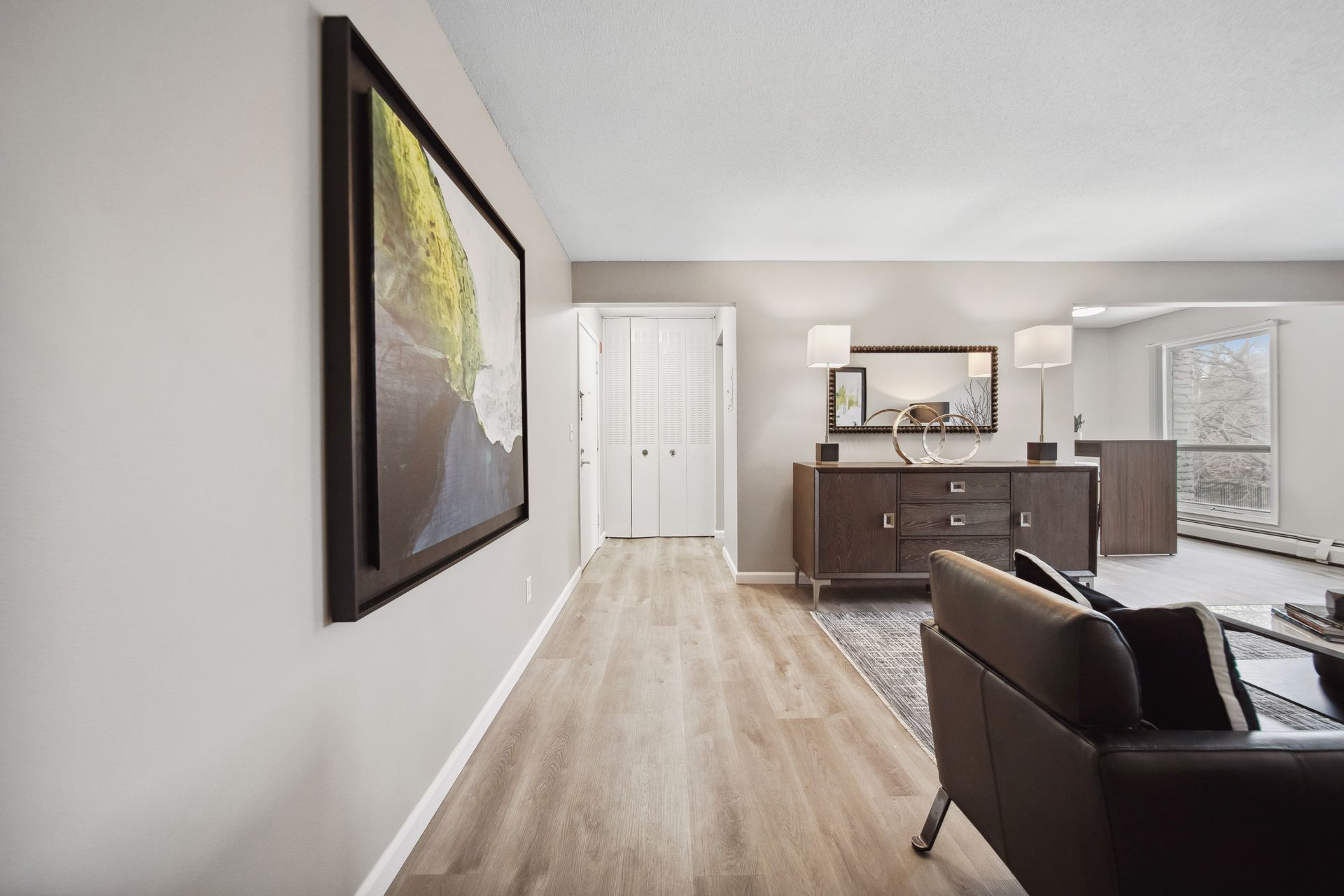 Bright modern living room with gray sofa, wood floor, wall art, and white doors.