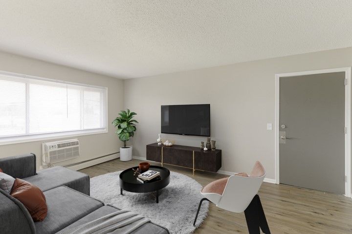 Bright living room with gray sofa, TV, plant, window AC, and chair on light wood floor.
