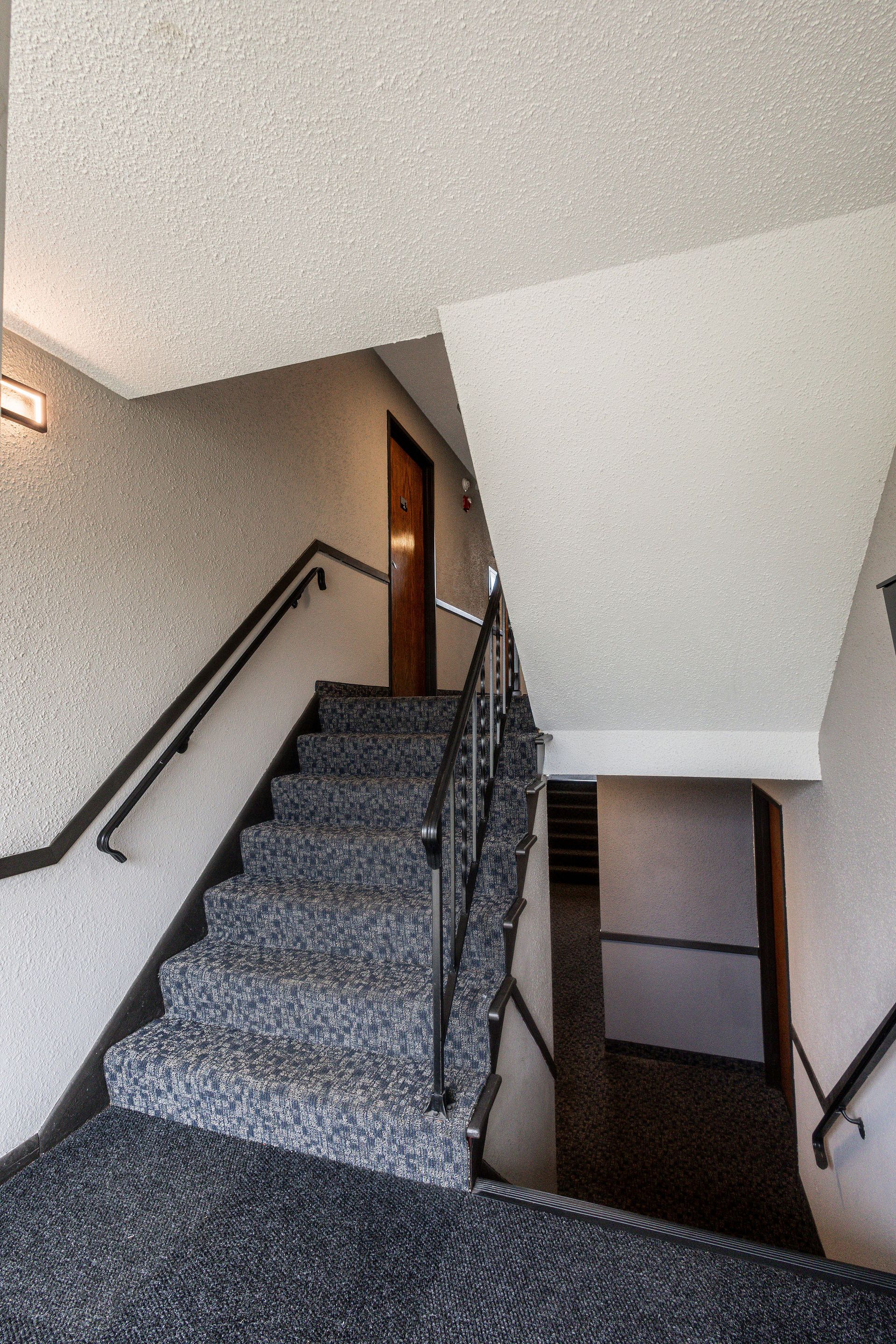 Indoor stairwell with gray carpeted steps, black handrails, and a lit doorway at the landing