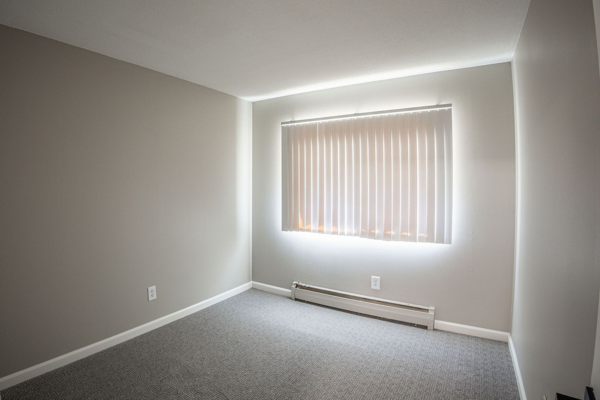 Empty beige bedroom with carpet, window blinds, and a baseboard heater