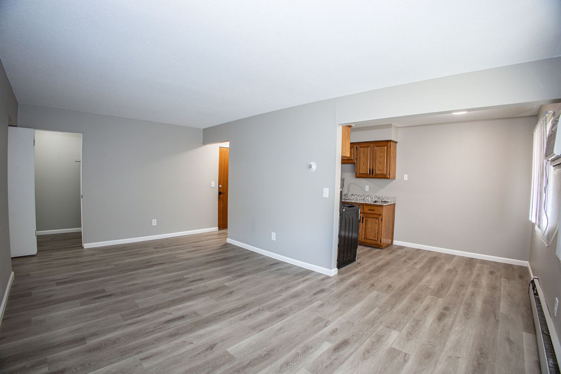 Empty open-plan living room with gray walls, wood-look floor, and small kitchen area visible on the right