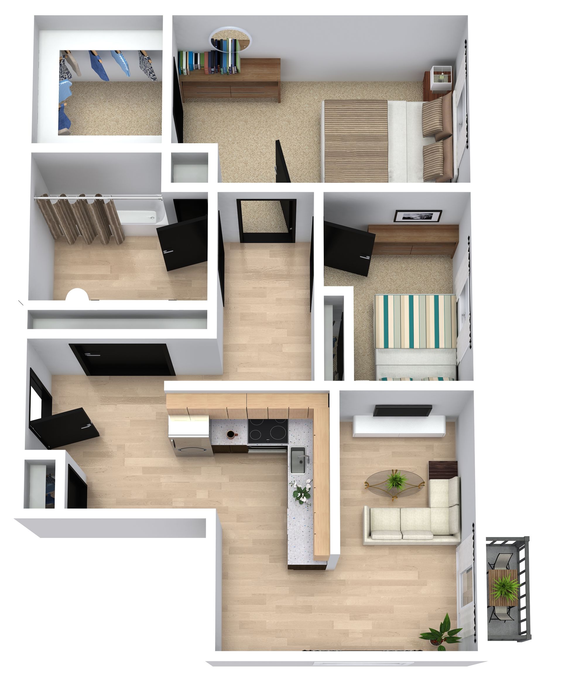 Top-down 3D floor plan of a small apartment with bedroom, kitchen, bathroom, living area, and balcony.