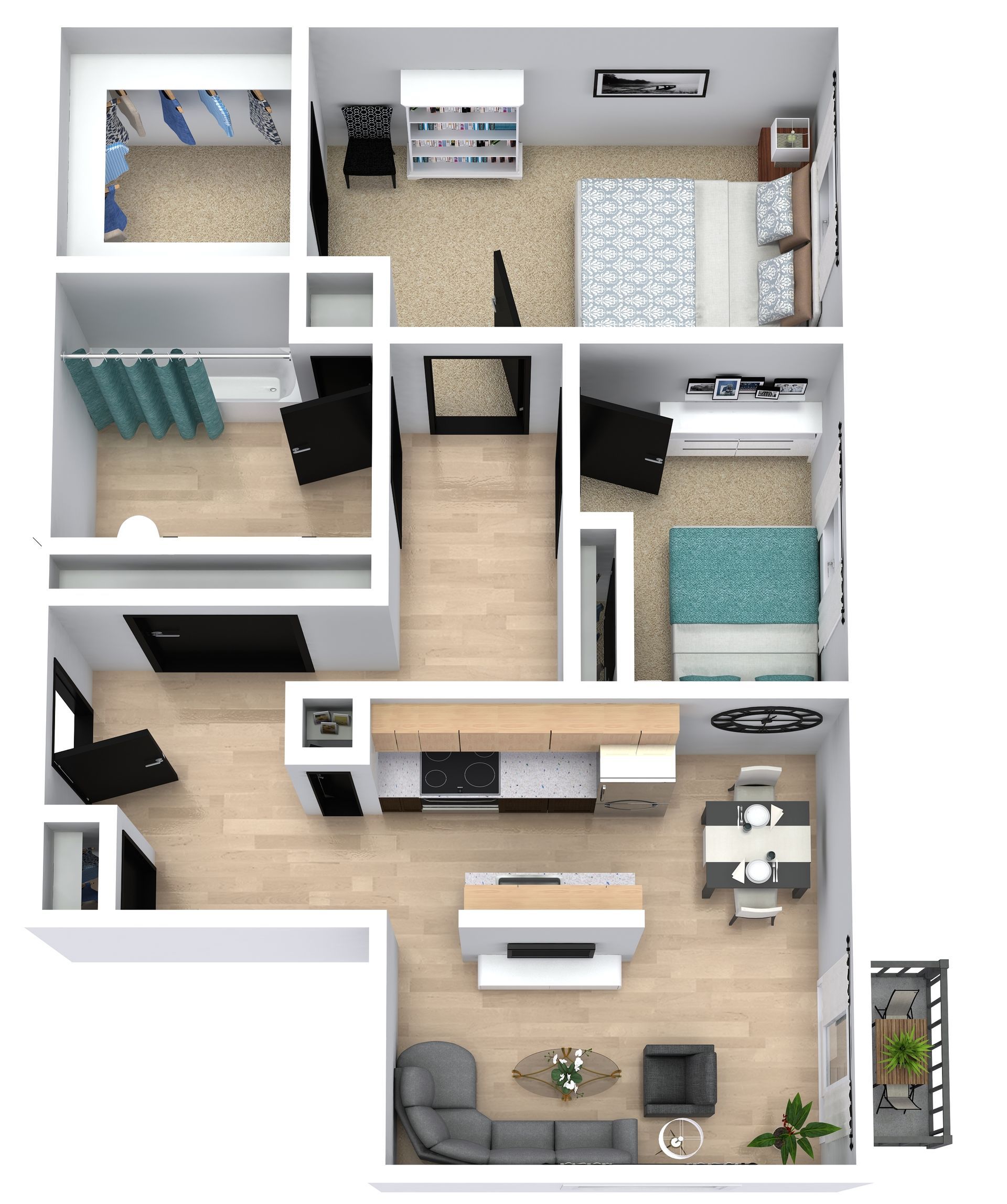Top-down floor plan of a modern apartment with living room, kitchen, bedroom, bath, and balcony.