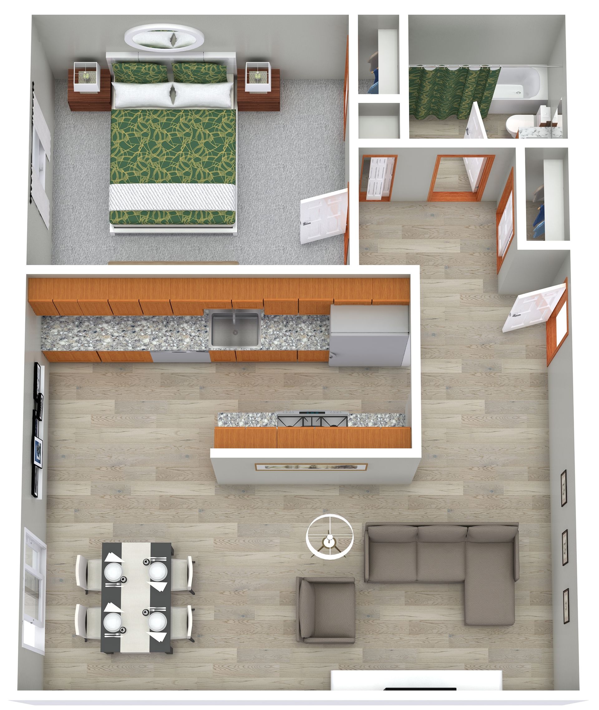 Top-down apartment floor plan with bedroom, bath, kitchen, dining table, and living room in gray and green tones